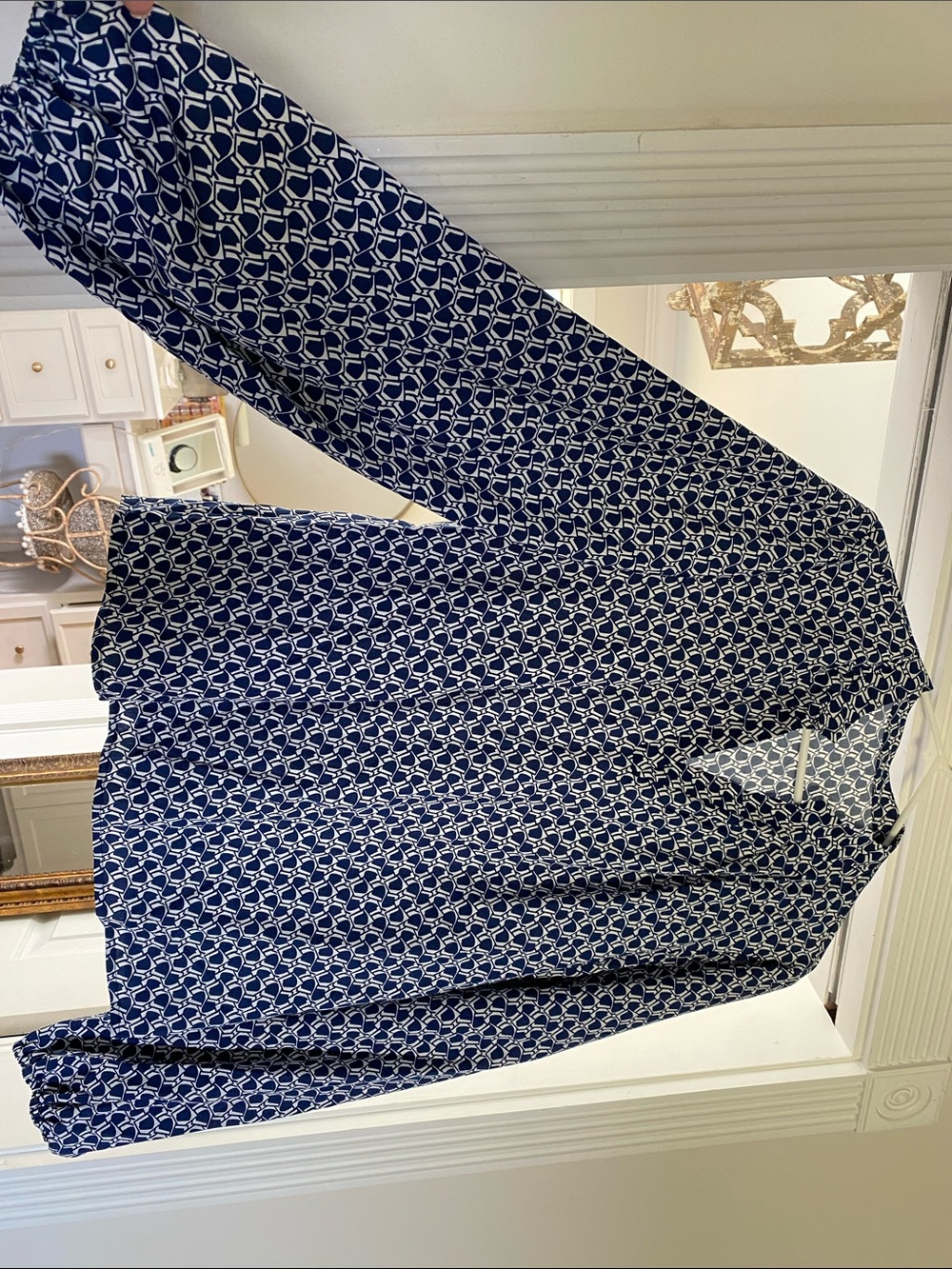 SHEIN Navy and White Geometric Print Long Sleeve Blouse with elastic arms